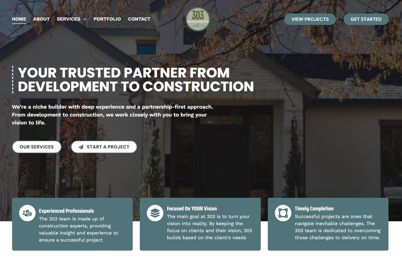 screenshot of 303 builder's homepage of their website